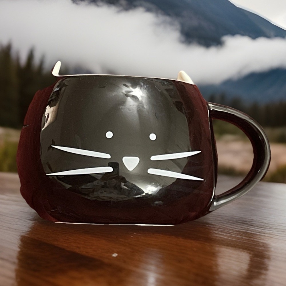Black Cat Head Face Coffee Mug Cup with Ears‎ and Surprise Kitten Inside Kitschy